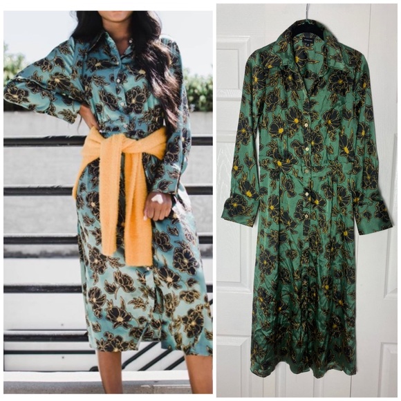 Who What Wear Dresses & Skirts - Who What Wear Green Black Floral Satin Silky Button Up Shirt Midi Dress Size XS